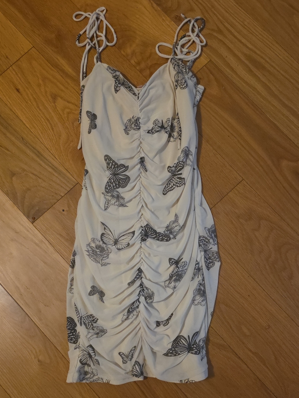 White Butterfly Ruched Mini Dress with Adjustable Tie Straps